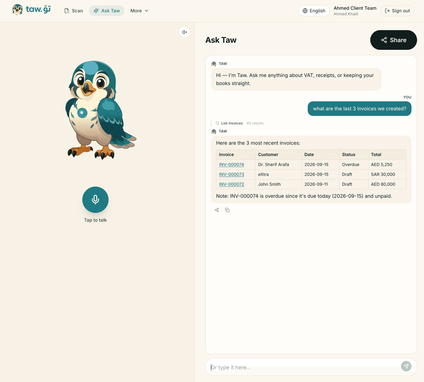 Ask Taw on the web: asked for the last three invoices and answered as a table with each invoice's customer, date, status and total, and a note that one is overdue.