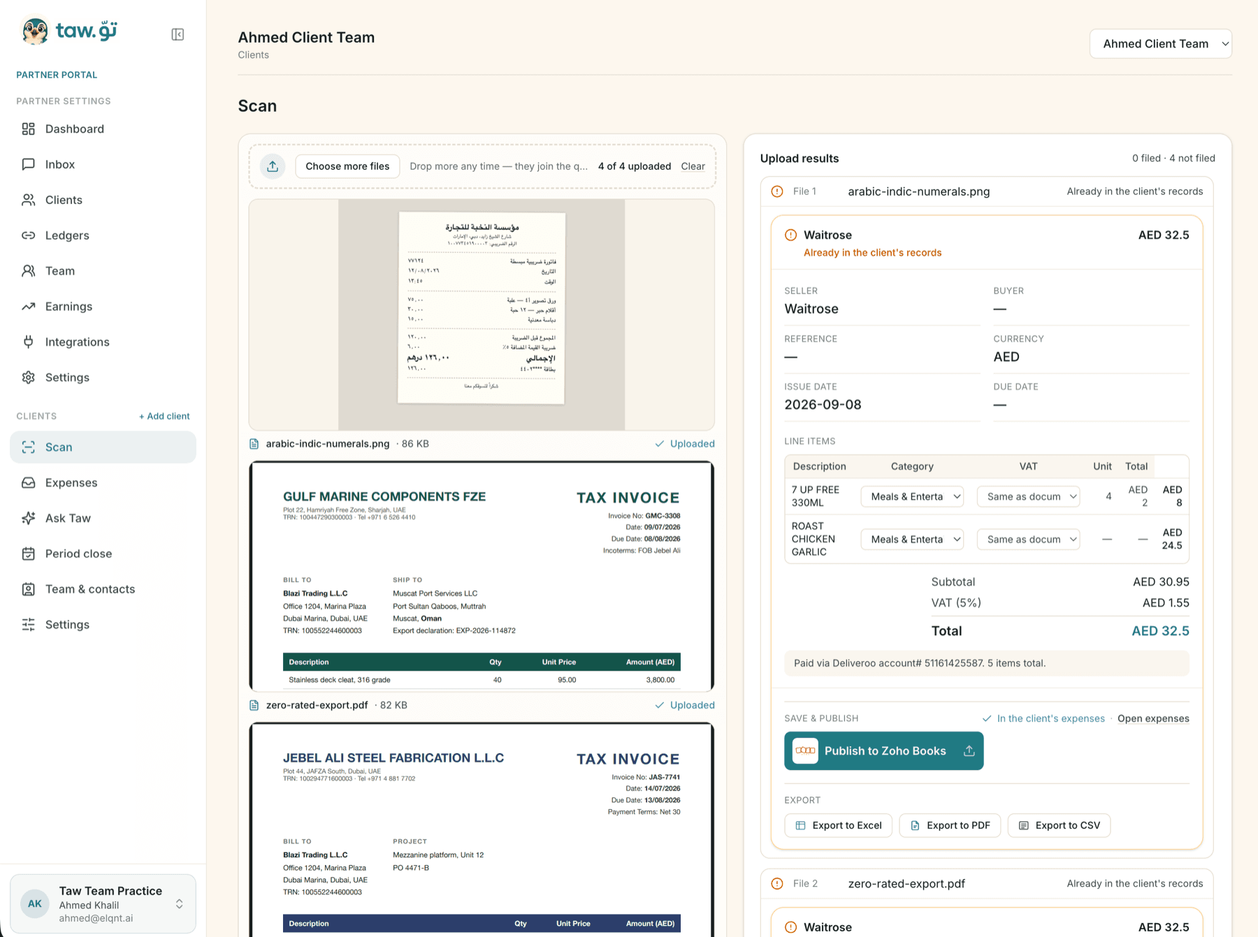 The Scan screen in the partner portal: several supplier invoices uploaded at once on the left, and on the right the fields Taw read out of one of them with a Publish to Zoho Books button.